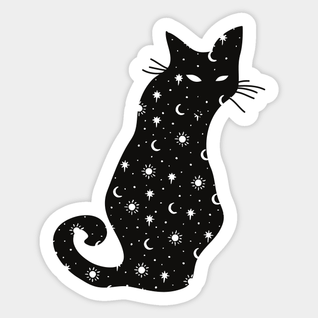 Black Cat Silhouette with moon, sun and stars Sticker by From Mars